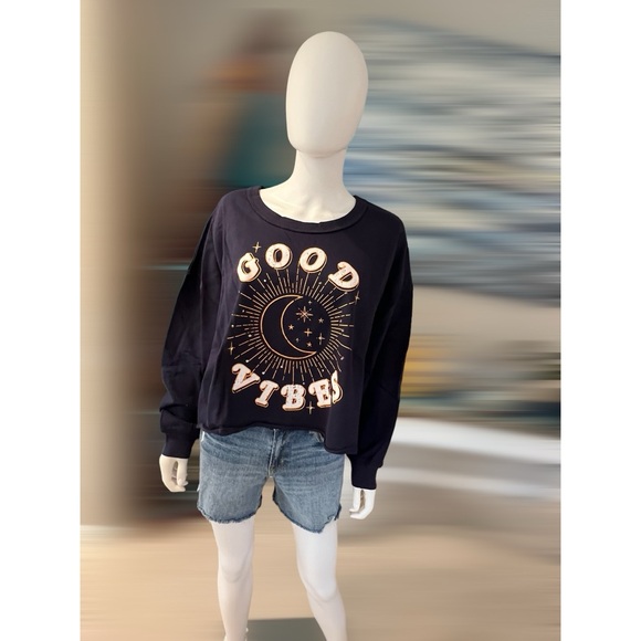 PEACH LOVE CALIFORNIA Good vibes navy blue top sz medium and large - Picture 7 of 8